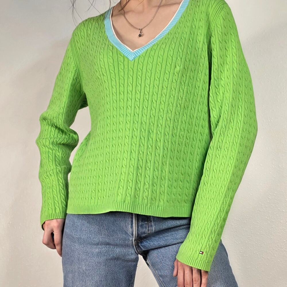 Vintage Tommy Hilfiger Green Cable Knit Sweater Blue Trim Preppy Y2K Size XL